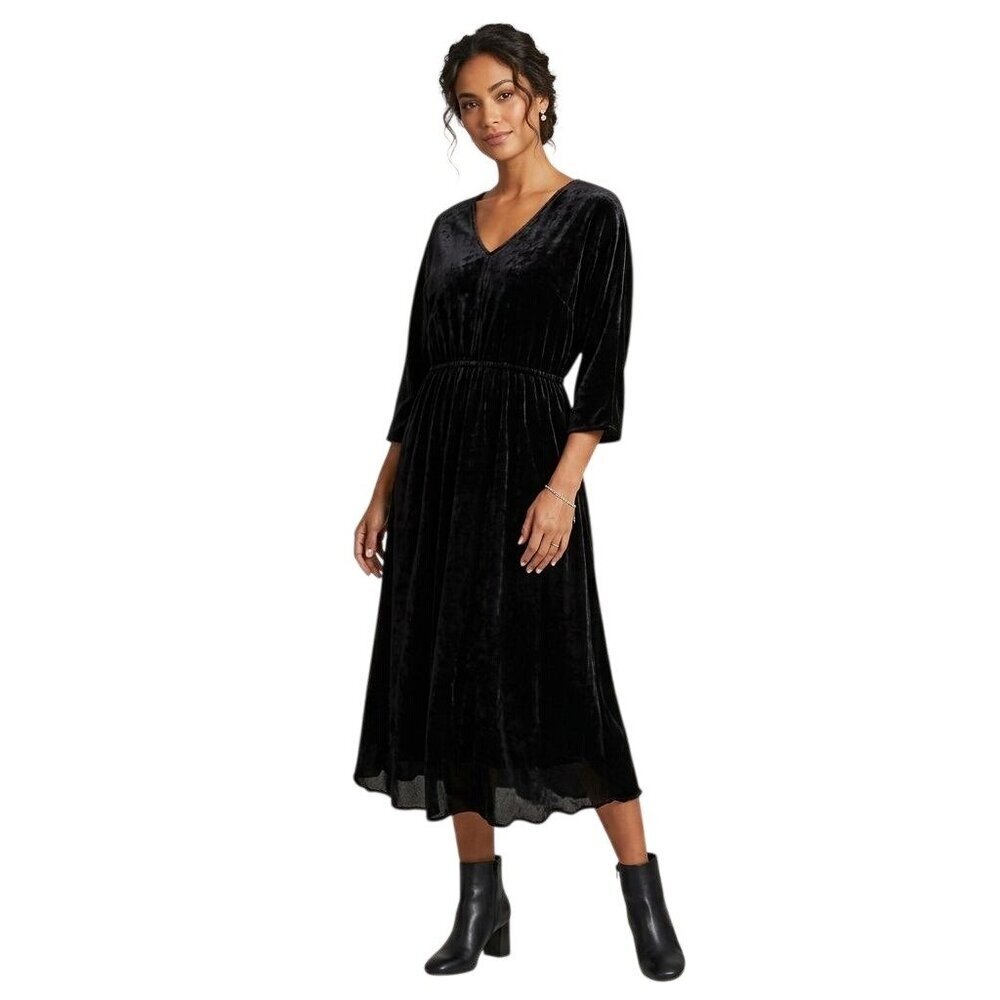 Garnet Hill V Neck Black Velvet Midi Dress Black Pockets Size M
